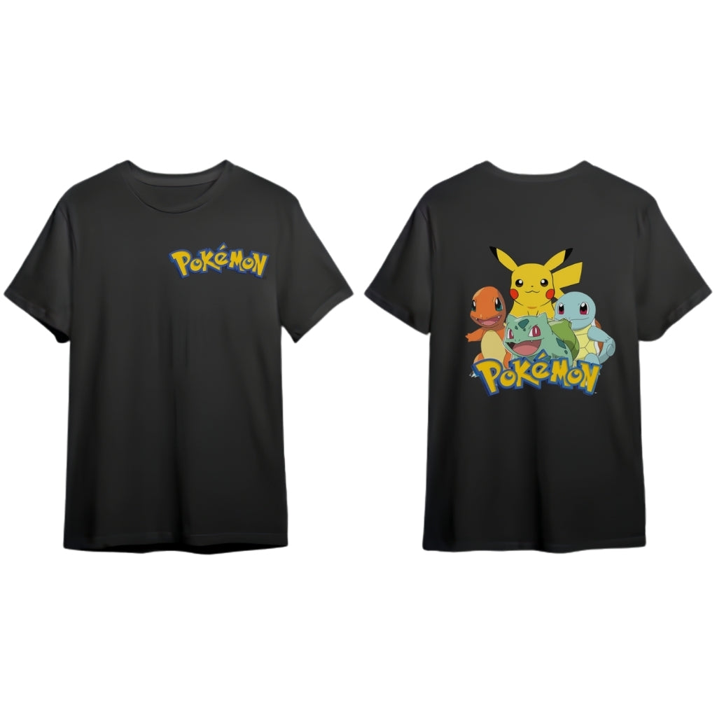 Camisa Negra de Pokemon (Pikachu, Charmander, Squirtle, Bulbasaur)