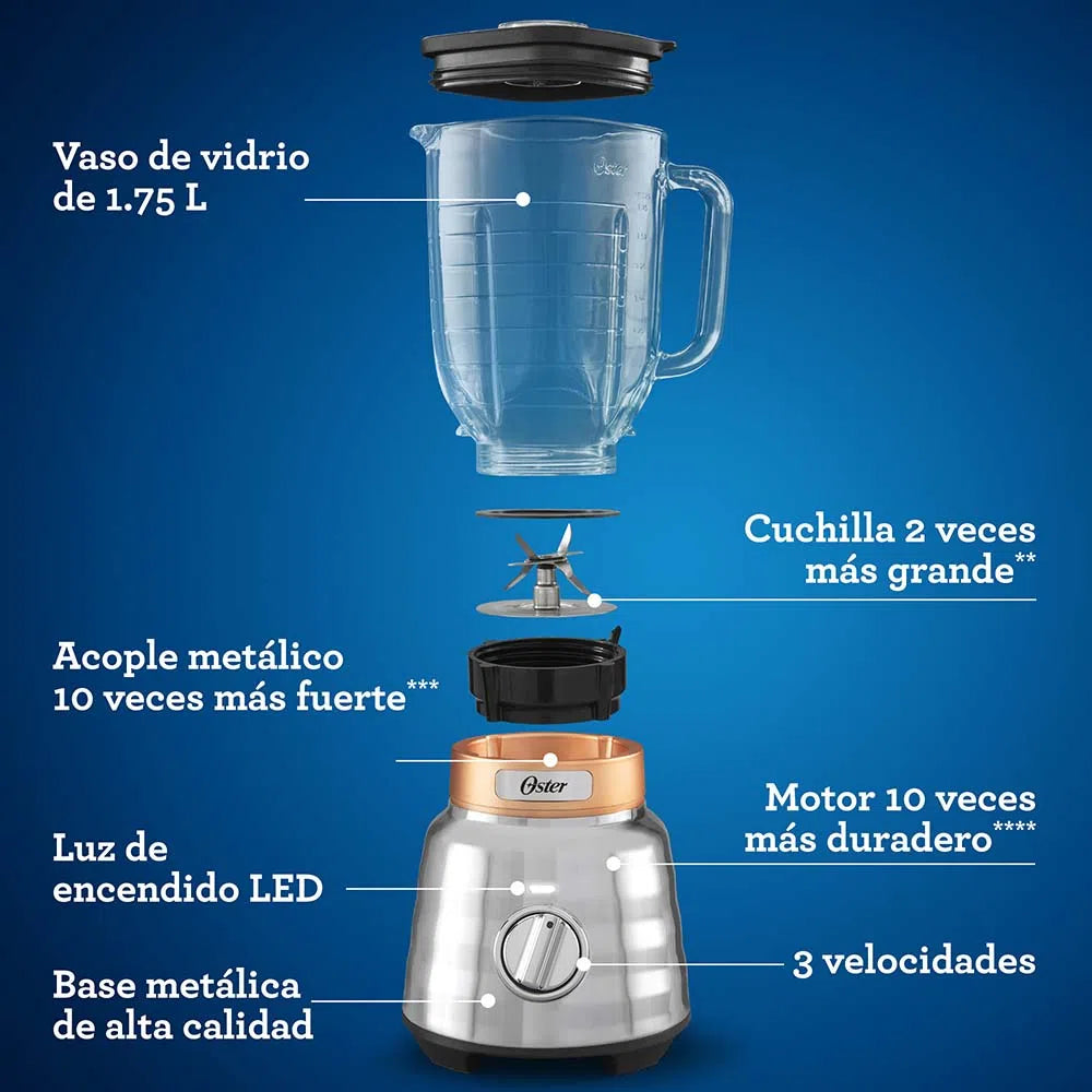 Oster Licuadora Max de 2 Caballos de Fuerza con Perilla y Vaso de Vidrio BLSTPBRG
